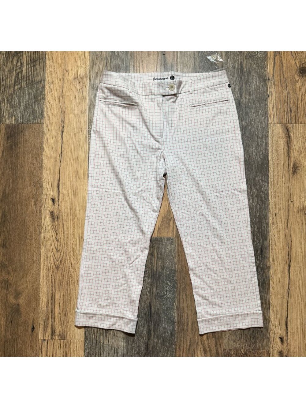 Betabrand Cropped Plaid Pants Women's Size XL Petite Light Gray & Coral NWOT!